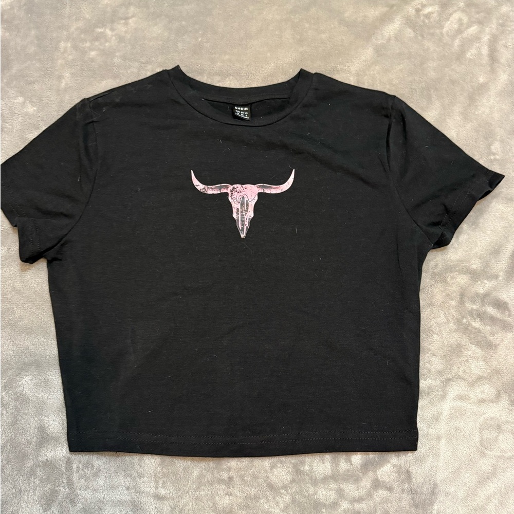 SHEIN Black Crop Top with Pink Skull Design